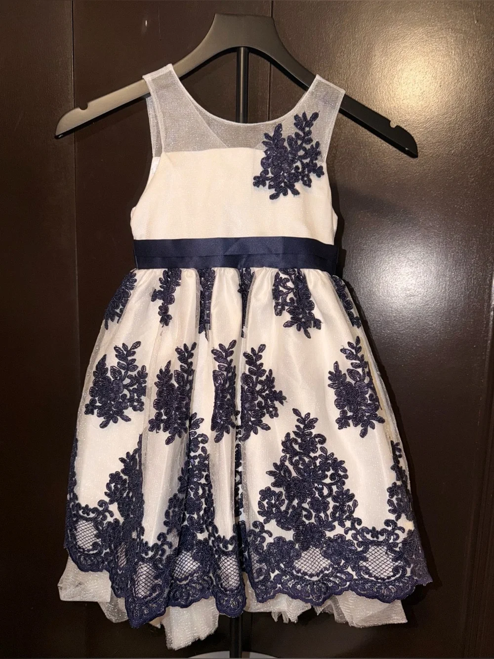 American Princess Girls White and Navy Lace Floral Embroidered Party Dress sz 6